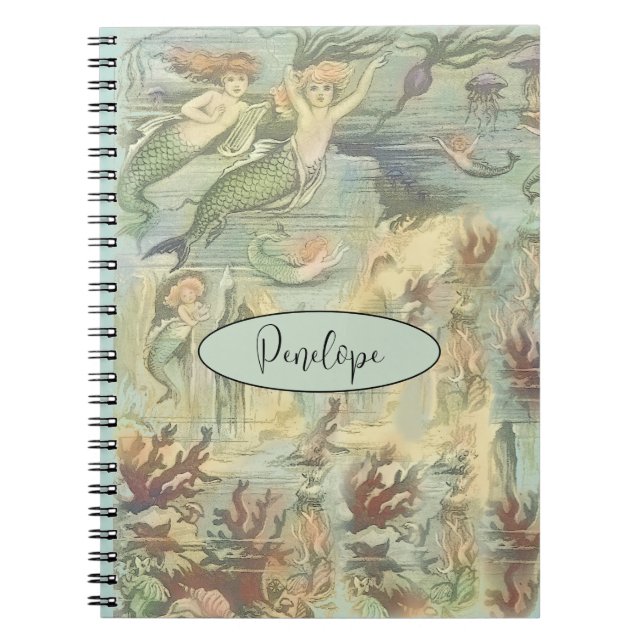 Vintage Nautical Mermaids and Your Name  Notebook (Front)