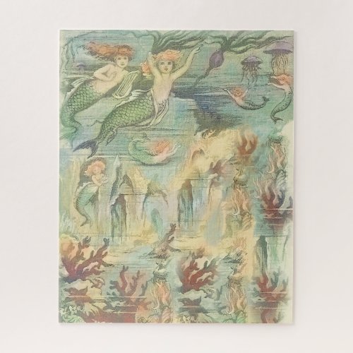 Vintage Nautical Mermaids Coral and Jellyfish Jigsaw Puzzle