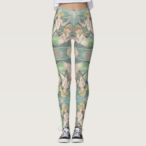 Vintage Nautical Mermaids Mirrored Pattern Leggings