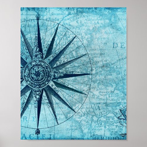 Vintage Nautical Navigation Compass Map Poster