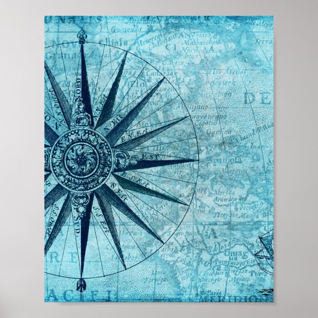 Vintage Nautical Navigation Compass Map Poster (Front)