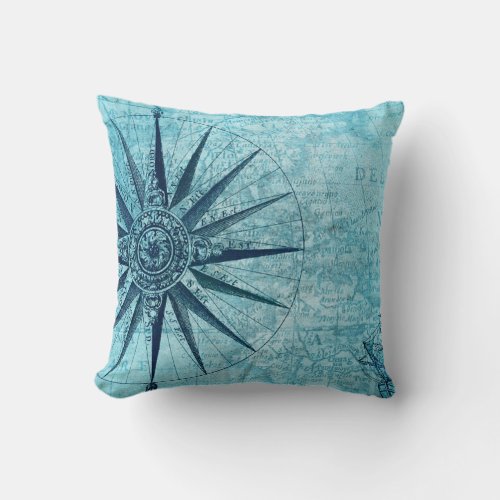 Vintage Nautical Navigation Compass Map Throw Pillow