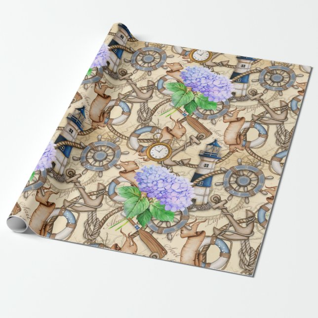 Vintage Nautical Navigation Map with Hydrangea  Wrapping Paper (Unrolled)