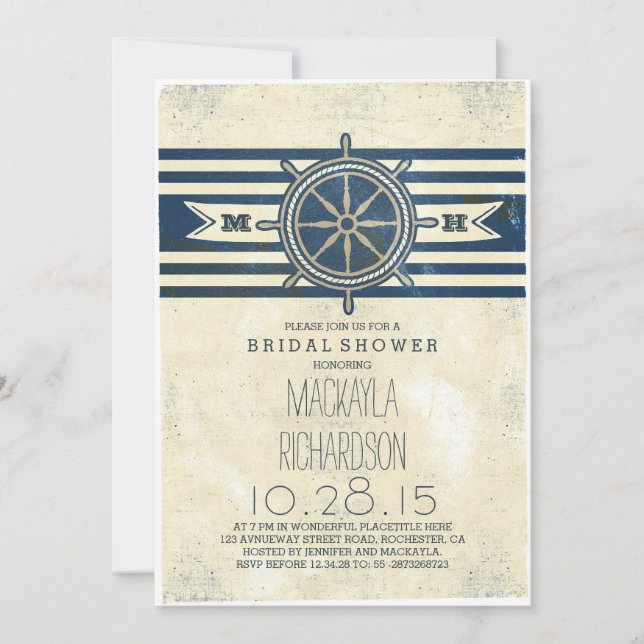 vintage nautical navy bridal shower invitation (Front)