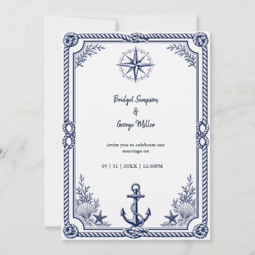 Vintage Nautical Navy Wedding Compass Invitation