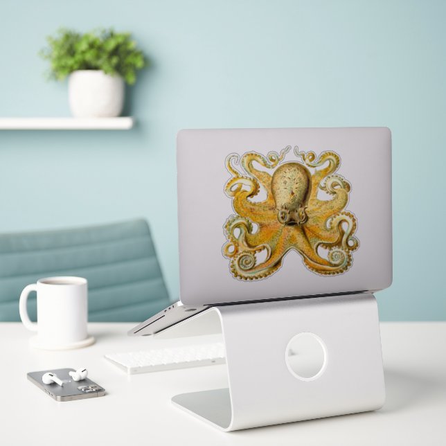Vintage Nautical Octopus Art Sticker (Laptop On Desk)