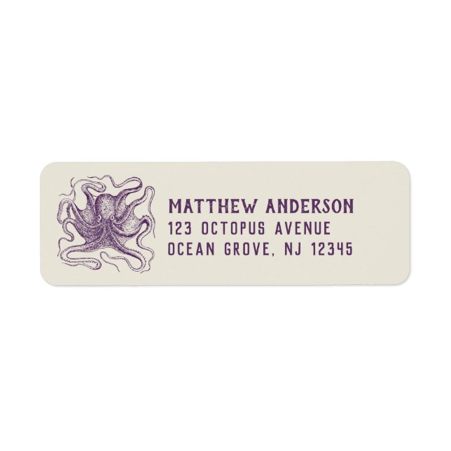 Vintage Nautical Octopus Purple and Cream Label (Front)