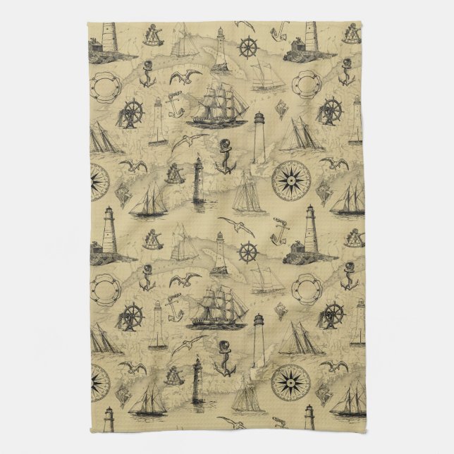 Vintage Nautical Old Map Pattern Seafaring Kitchen Towel (Vertical)
