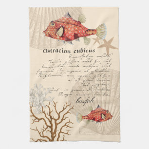 Vintage Nautical Orange Boxfish Illustration Kitchen Towel