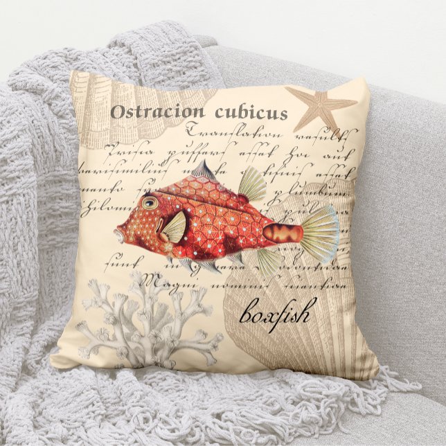 Vintage Nautical Orange Boxfish Illustration Throw Pillow (Vintage Orange Boxfish Illustration Throw Pillow)
