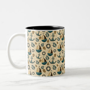 Vintage Nautical Pattern in Blue, Brown, Cream Two-Tone Coffee Mug