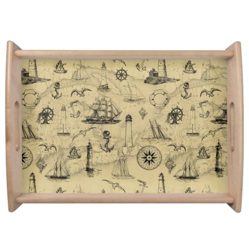 Vintage Nautical Pattern Old Map Background Serving Tray