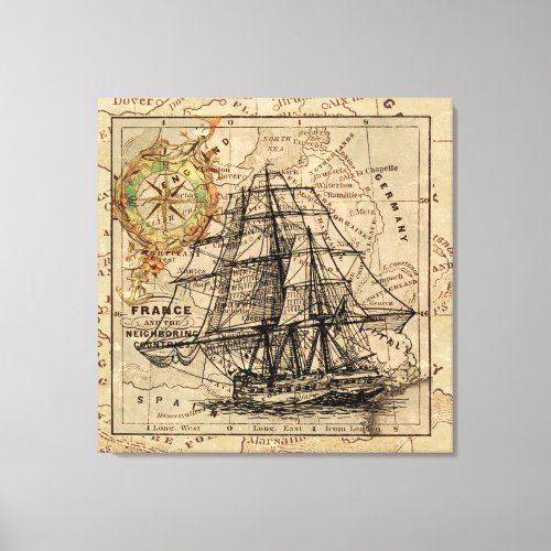 Vintage Nautical Sailing Ship Navigation Map Canvas Print