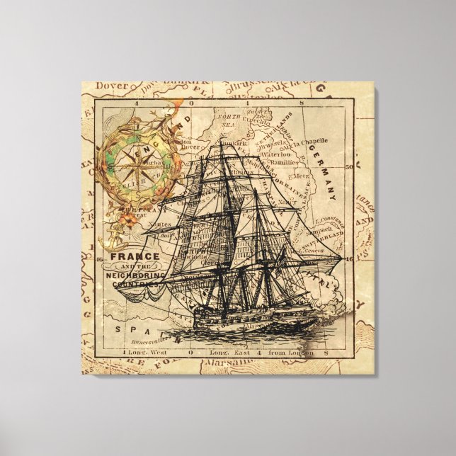 Vintage Nautical Sailing Ship Navigation Map Canvas Print (Front)