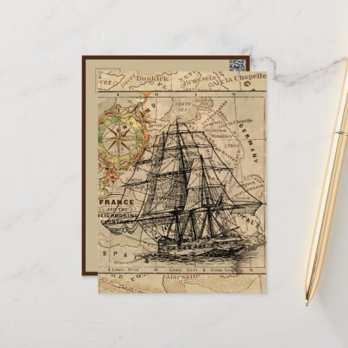 Vintage Nautical Sailing Ship Navigation Map Postcard