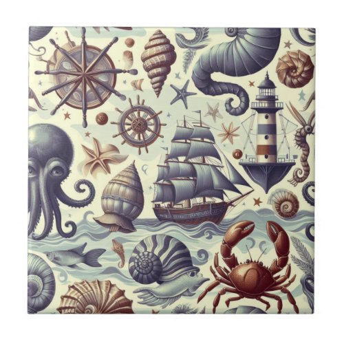 Vintage Nautical Sealife Illustration Ceramic Tile