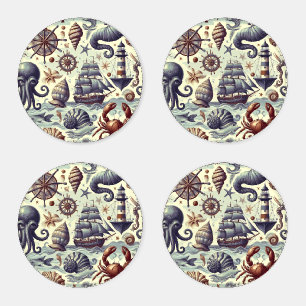 Vintage Nautical Sealife Illustration Coaster Set