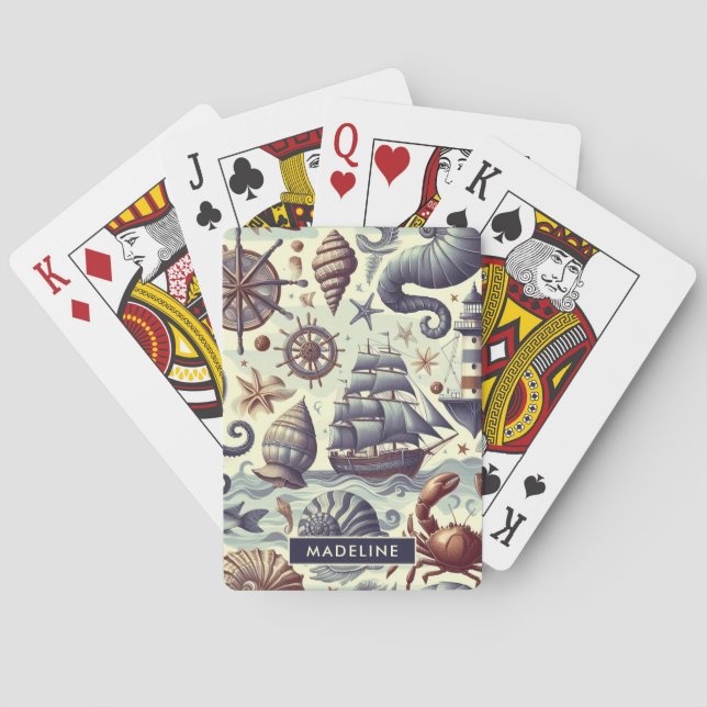 Vintage Nautical Sealife Illustration Poker Cards (Back)