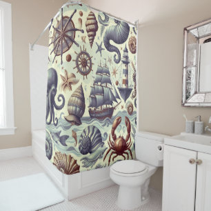 Vintage Nautical Sealife Illustration Shower Curtain