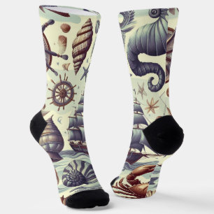 Vintage Nautical Sealife Illustration Socks