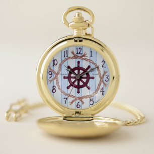 Vintage Nautical Ship Wheel Coastal Stripe Custom Pocket Watch
