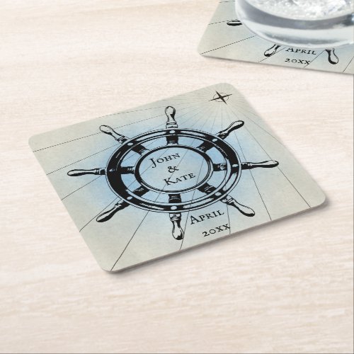 Vintage Nautical Ships Wheel for Navigation Square Paper Coaster