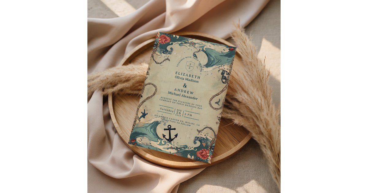 Invitation Cards Using Ropes Vintage Nautical Waves & Rope Wedding Invitation | Zazzle