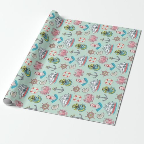 Vintage Nautical with Octopus Sailor and Ships Wrapping Paper