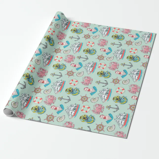 Vintage Nautical with Octopus Sailor and Ships Wrapping Paper | Zazzle