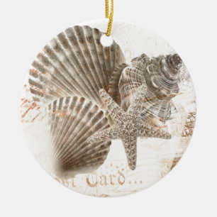Vintage nautilus starfish seashells ceramic ornament
