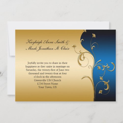 Vintage Navy and Gold Floral Swirl Wedding Invitation