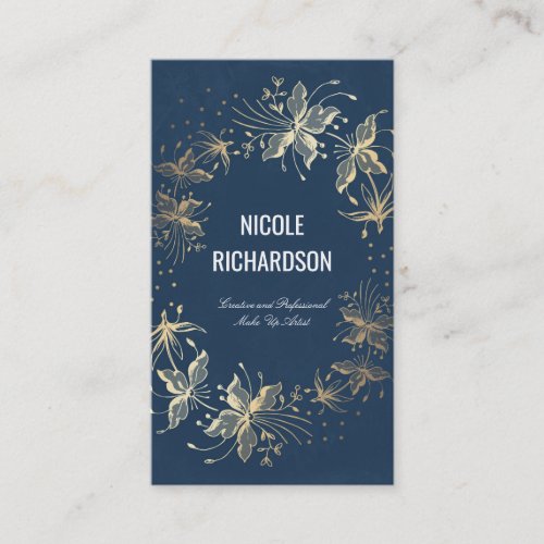 Vintage Navy and Gold Floral Wreath Glitter Dots Business Card - Vintage navy and gold confetti flowers wreath elegant business cards