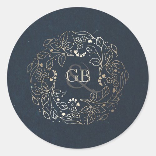 Vintage Navy and Gold Floral Wreath Wedding Classic Round Sticker - Gold and navy old retro wedding stickers - seals with romantic flowers wreath