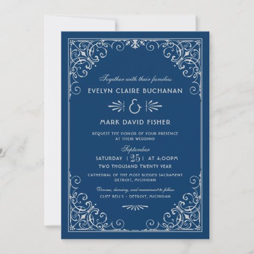 Vintage Navy and Silver Art Deco Wedding Invitation