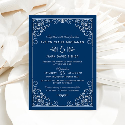  Vintage Navy and Silver Art Deco Wedding Invitation