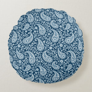 Vintage Navy and White Floral Paisley Round Pillow