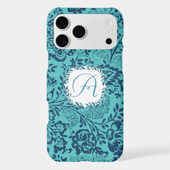 Vintage Navy Aqua Mint Damask Monogram iPhone Case (Back)