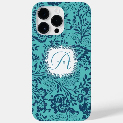 Vintage Navy Aqua Mint Damask Monogram iPhone Case_Mate iPhone 14 Pro Max Case