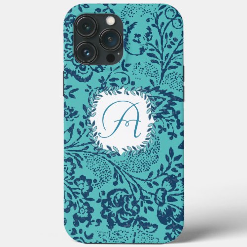 Vintage Navy Aqua Mint Damask Monogram iPhone iPhone 13 Pro Max Case