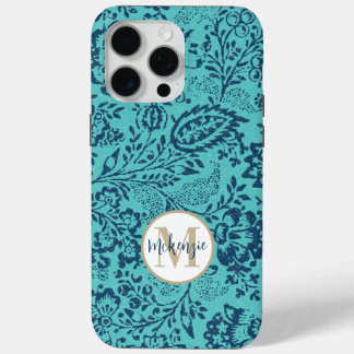 Vintage Navy Aqua Yellow Damask Personalize iPhone 15 Pro Max Case