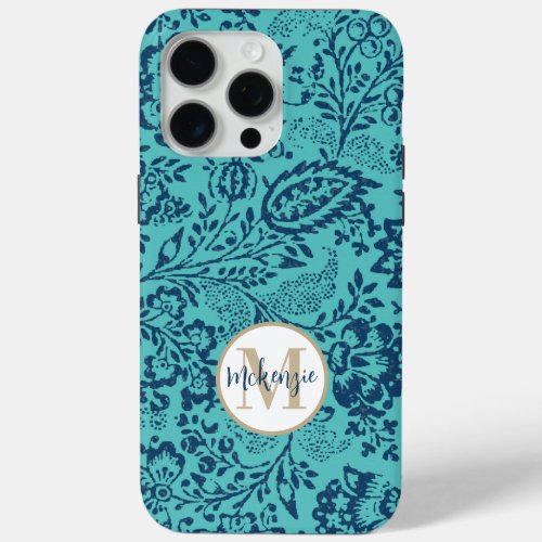 Vintage Navy Aqua Yellow Damask Personalize iPhone iPhone 15 Pro Max Case