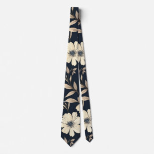 Vintage Navy Blue And Cream White Floral Garden El Neck Tie