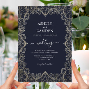 Vintage Navy Blue and Lace Wedding Invitation