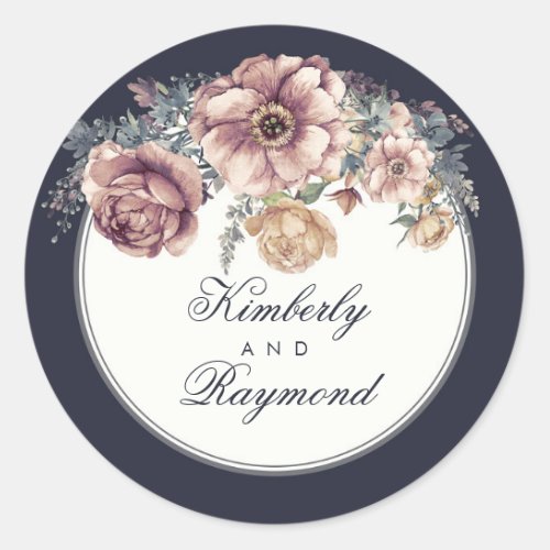 Vintage Navy Blue and Mauve Floral Watercolor Classic Round Sticker