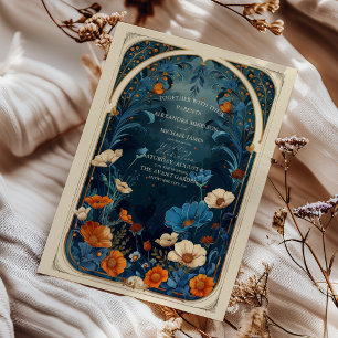 Vintage Navy Blue Art Nouveau Wedding Invitation