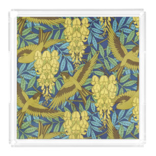 Vintage Navy Blue Bird & Yellow Floral Pattern Acrylic Tray