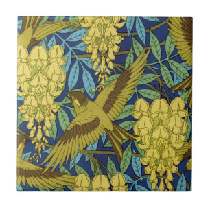 Vintage Navy Blue Bird & Yellow Floral Pattern Ceramic Tile