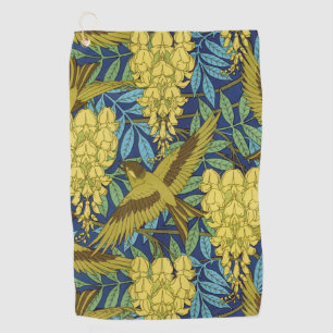 Vintage Navy Blue Bird & Yellow Floral Pattern Golf Towel