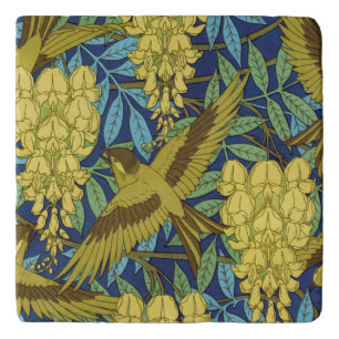 Vintage Navy Blue Bird & Yellow Floral Pattern Trivet