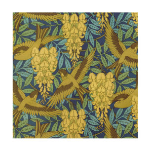 Vintage Navy Blue Bird & Yellow Floral Pattern Wood Wall Art